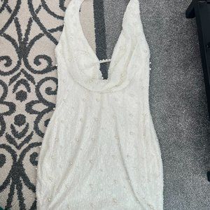 Oh Polly VERSAILLES  Deep Plunge Embellished Mini Dress in White